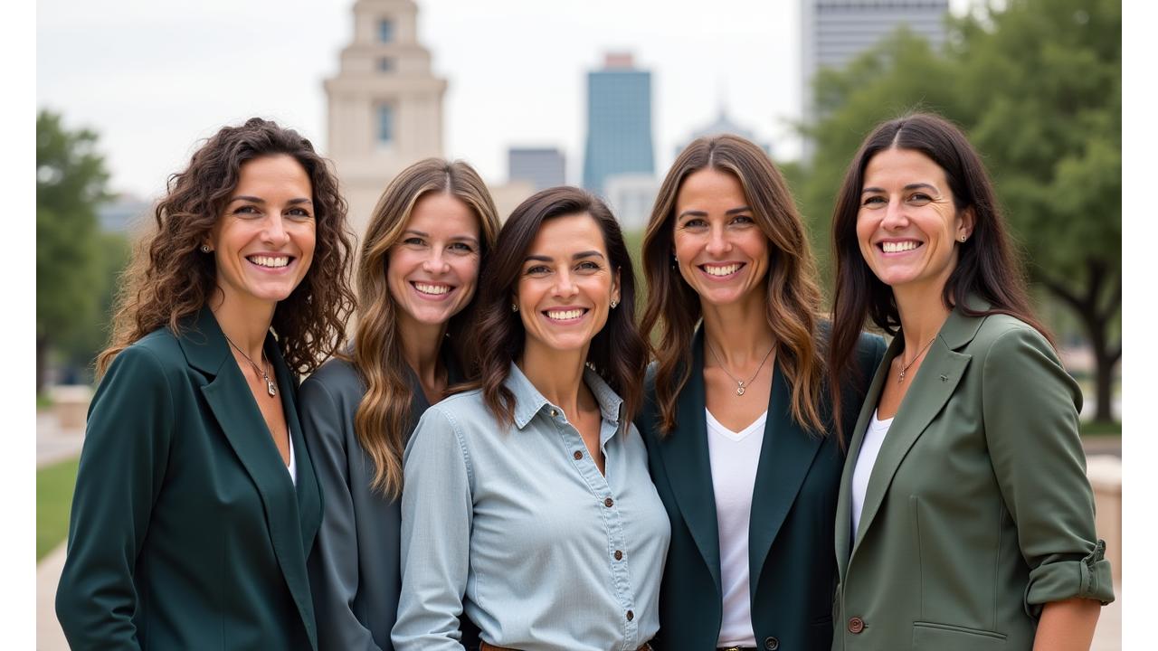 Diverse team of AetherNovaVirelia Bloom wellness experts smiling outdoors in front of Texas Capitol building, symbolizing local expertise and community connection.