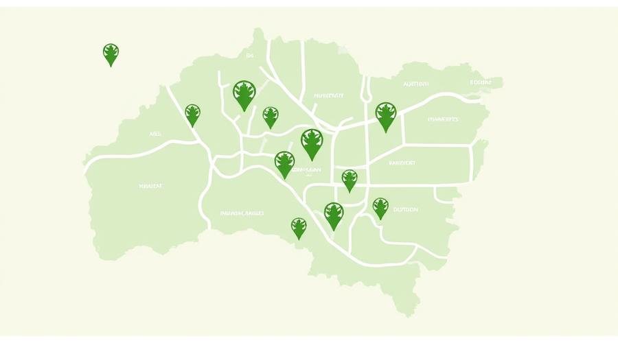Stylized map of Austin, highlighting key eco-friendly resources like recycling centers, farmers markets, and sustainable shops with green pins.