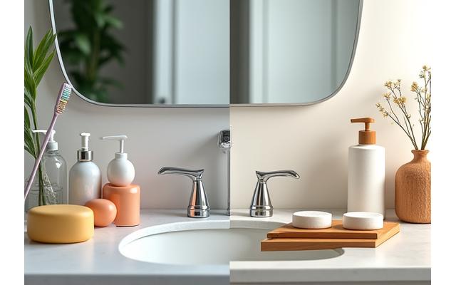 A 'before and after' image showing plastic shampoo bottles next to solid shampoo bars, bamboo toothbrushes, and reusable cotton pads.