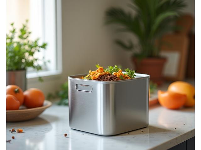 A compact, odor-free kitchen compost bin filled with organic waste, sitting on a counter in an Austin home.