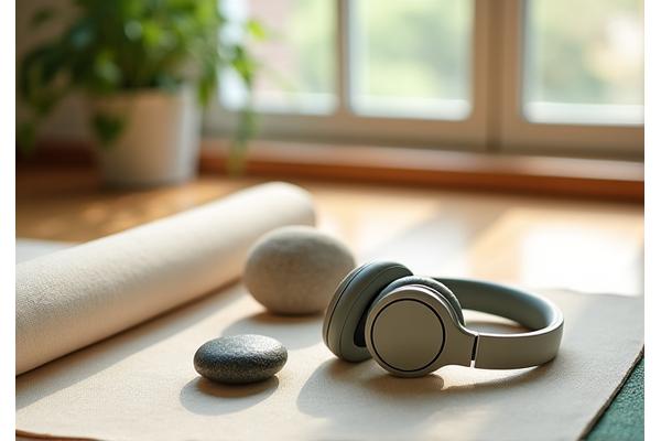 Headphones resting on a yoga mat in a serene, nature-filled room